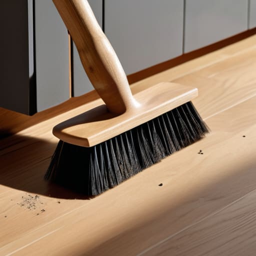 Cleaning kitchen floors with broom and dustpan.