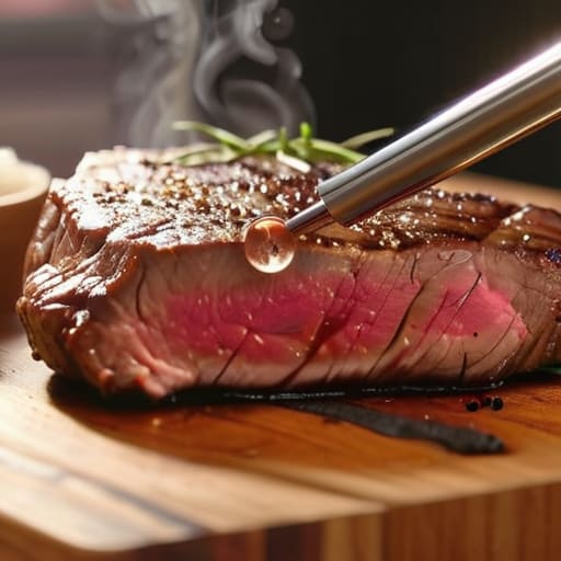 Using a digital meat thermometer for cooking.