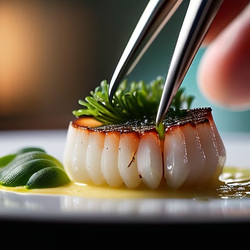 Chef using kitchen tweezers for food plating.
