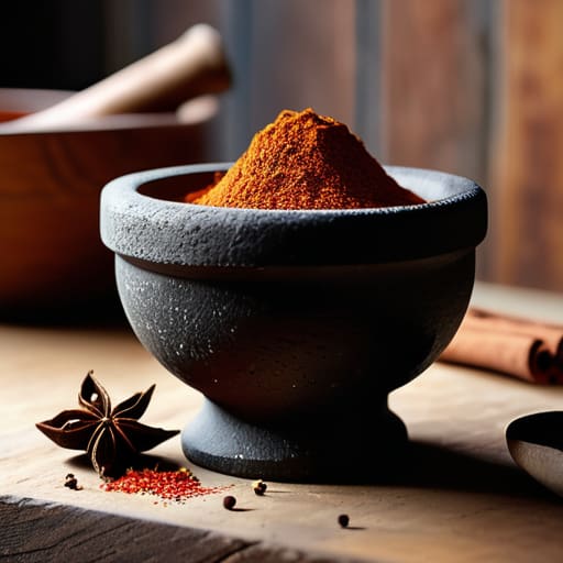 Grinding spices with a mortar and pestle.