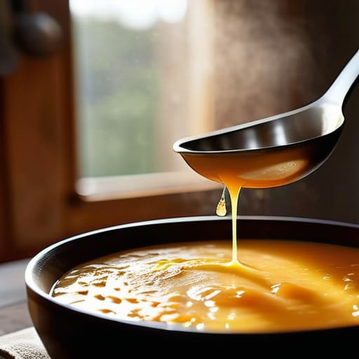 Person using a soup ladle utility.