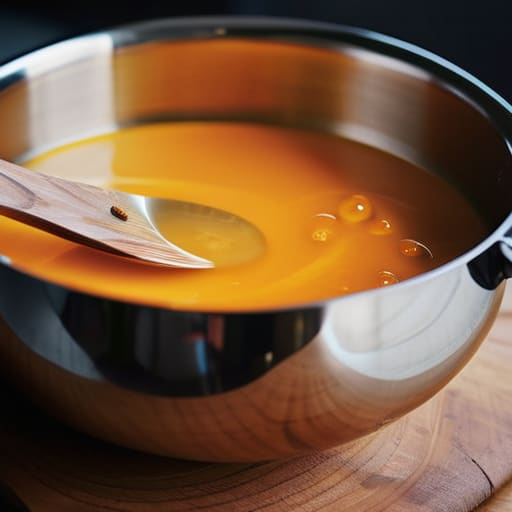Selecting a metal soup ladle for serving.