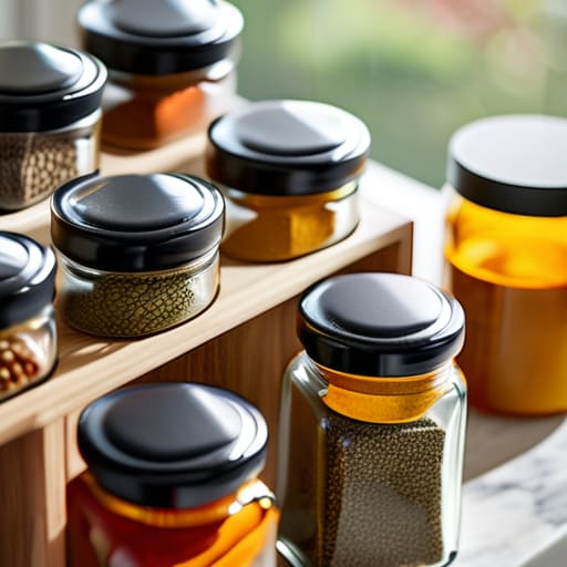 Organized kitchen spice rack with glass jars.
