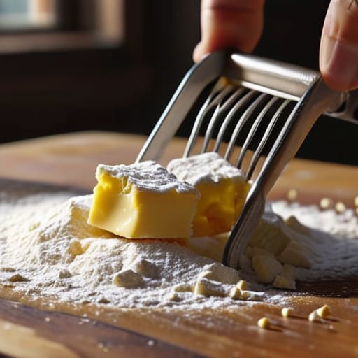 Cutting butter into flour with pastry cutter.